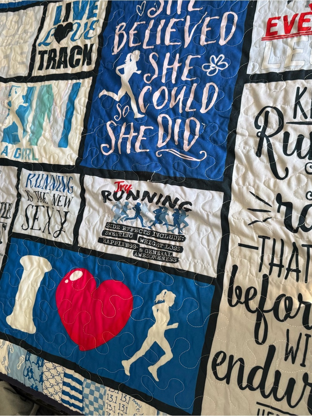 Inspirational Running Quilted Throw Blanket - Blue, White, Red